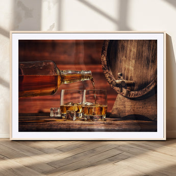 52458-MGC-FP-36x24_Natural-Whiskey Pour Wall Art – Elegant Whiskey Bottle Pouring into Glasses Canvas Print, Refined Bar or Lounge Decor for Home, Office, or