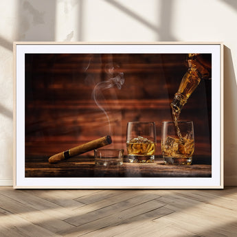 91042-MGC-FP-36x24_Natural-Whiskey & Cigar Wall Art – Elegant Whiskey Pour and Smoldering Cigar Canvas Print, Sophisticated Bar or Lounge Decor for Home,