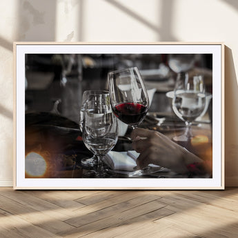 75513-MGV-CV-36X24-Elegant Wine Toast Wall Art – Close-Up Red Wine Glass at Dinner Table Canvas Print, Sophisticated Dining Room or Bar Decor