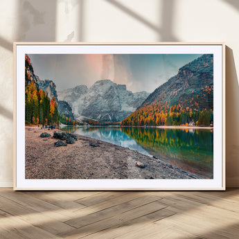 25982-MGV-CV-36X24-Autumn Mountain Lake Wall Art – Panoramic Fall Foliage and Snowy Peaks Canvas Print, Scenic Nature Decor for Living Room or Office