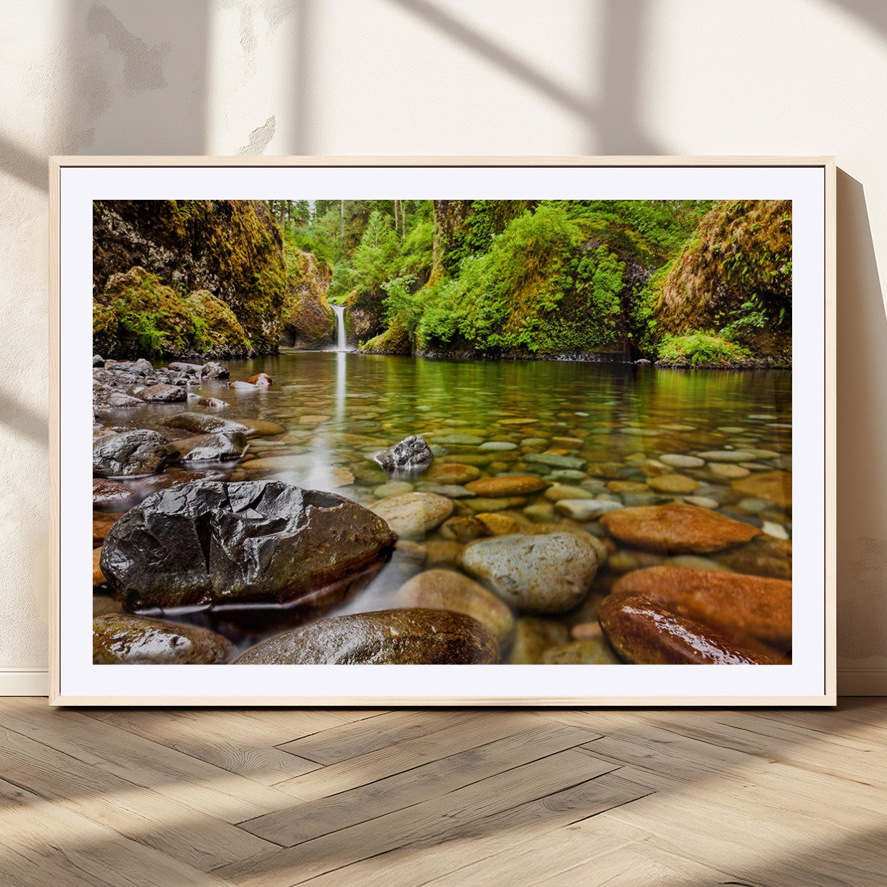 98096-MGC-FP-36x24_Natural-Serene River Waterfall Nature Photo – Calm Clear Water, Vibrant Green Forest and Smooth Stones Landscape Wall Art for Home or
