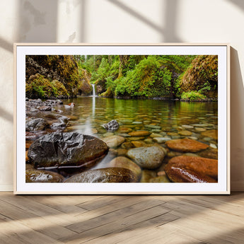 98096-MGC-FP-36x24_Natural-Serene River Waterfall Nature Photo – Calm Clear Water, Vibrant Green Forest and Smooth Stones Landscape Wall Art for Home or