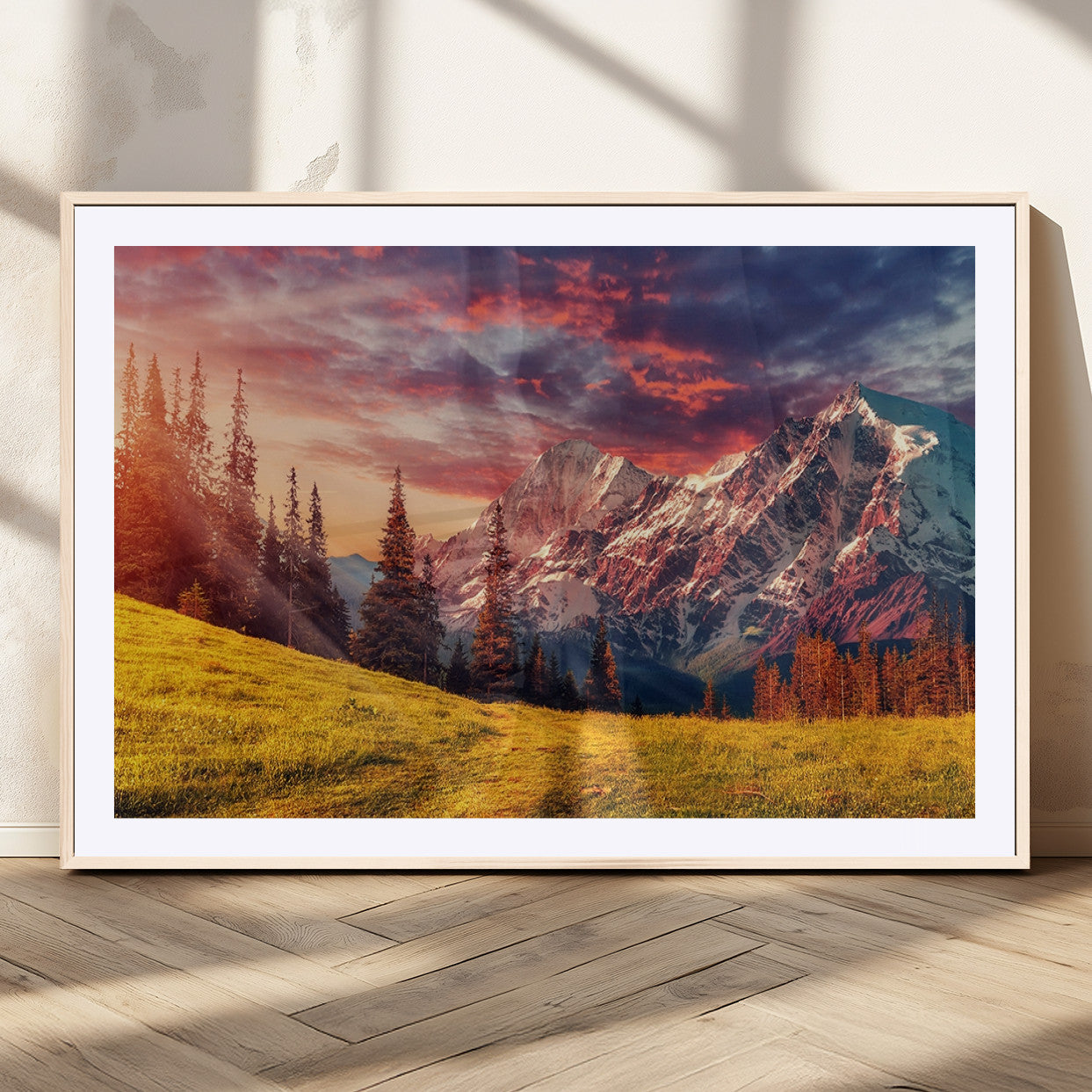 83947-MGC-FP-36x24_Natural-Sunset Mountain Landscape Wall Art – Panoramic Alpine Meadow and Snow Capped Peaks Canvas Print, Nature Scenic Decor for Home,
