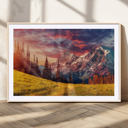 83947-MGC-FP-36x24_Natural-Sunset Mountain Landscape Wall Art – Panoramic Alpine Meadow and Snow Capped Peaks Canvas Print, Nature Scenic Decor for Home,