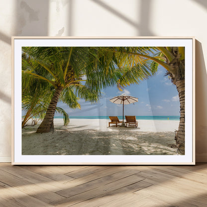 83601-MGC-FP-36x24_Natural-Tropical Beach Wall Art – Serene Palm Trees and Lounge Chairs Canvas Print, Relaxing Coastal Decor for Living Room, Bedroom or