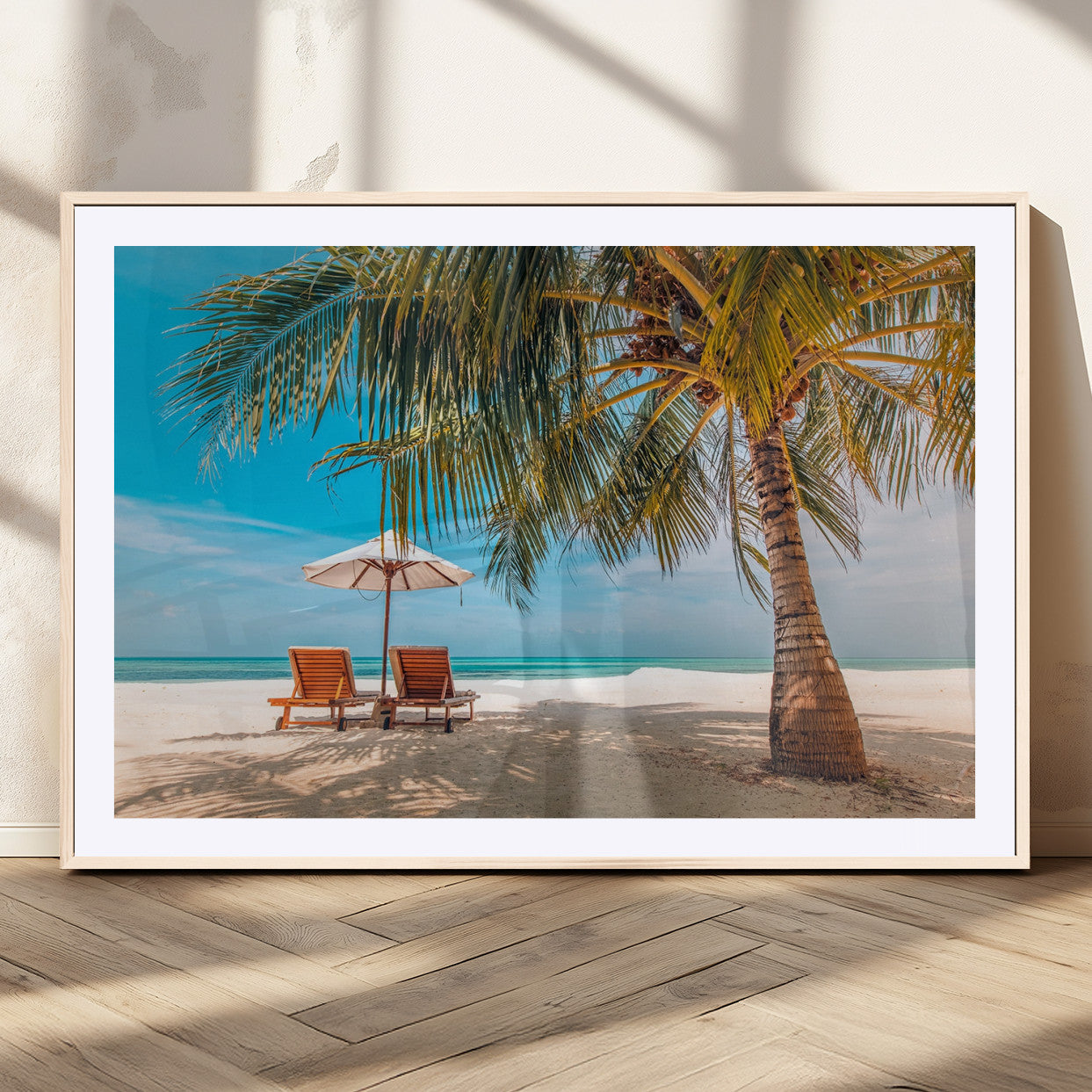 69754-MGV-CV-36X24-Tropical Beach Wall Art – Relaxing Palm Tree and Lounge Chairs Canvas Print, Serene Coastal Decor for Living Room, Bedroom, Office
