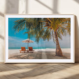 69754-MGV-CV-36X24-Tropical Beach Wall Art – Relaxing Palm Tree and Lounge Chairs Canvas Print, Serene Coastal Decor for Living Room, Bedroom, Office