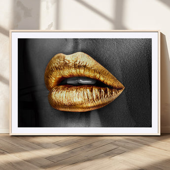 84747-MGC-FP-36x24_Natural-Golden Lips Black & White Portrait – Glamorous Metallic Lip Art Print, Modern Wall Decor for Bedroom, Beauty & Fashion Lover Gift