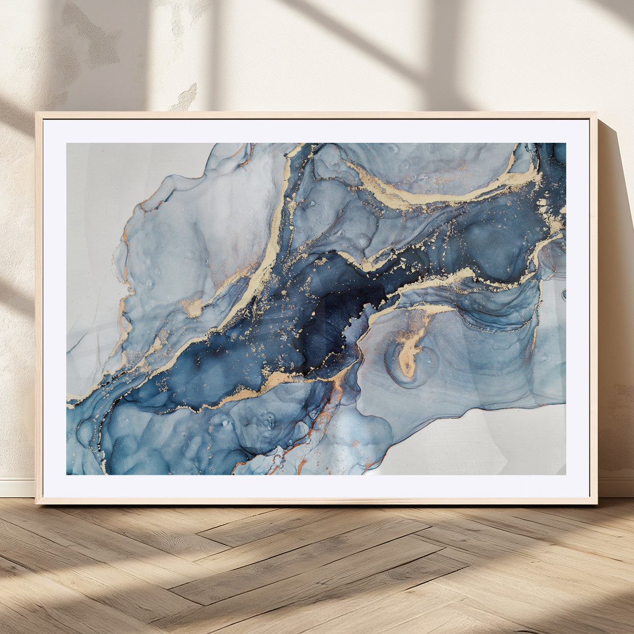 33782-MGC-FP-36x24_Natural-Abstract Marble Wall Art – Blue & Gold Fluid Painting Canvas Print, Modern Home Decor for Living Room, Bedroom or Office