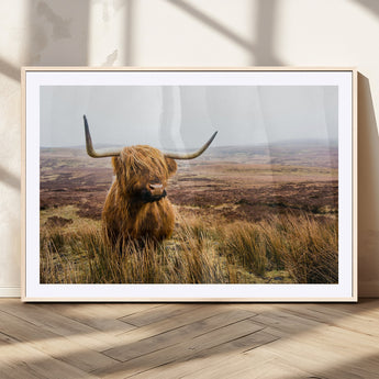 79391-MGC-FP-36x24_Natural-Majestic Highland Cow in Misty Scottish Moorland – Rustic Natural Charm, Perfect for Unique Home or Office Decor