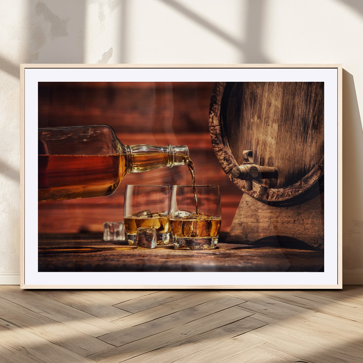 21266-MGC-FP-36x24_Natural-Pouring Whiskey into Glasses with Ice – Rustic Wooden Barrel Background, Warm Ambient Lighting, Ideal Decor for Home or Office