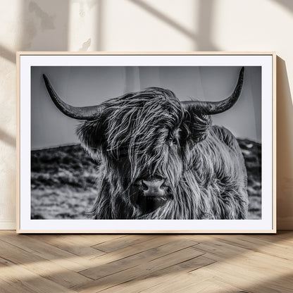 97372-MGC-FP-36x24_Natural-Elegant Highland Cow Wall Art – Black and White Canvas Print, Rustic Nature Decor for Home, Office, Living Room or Man Cave
