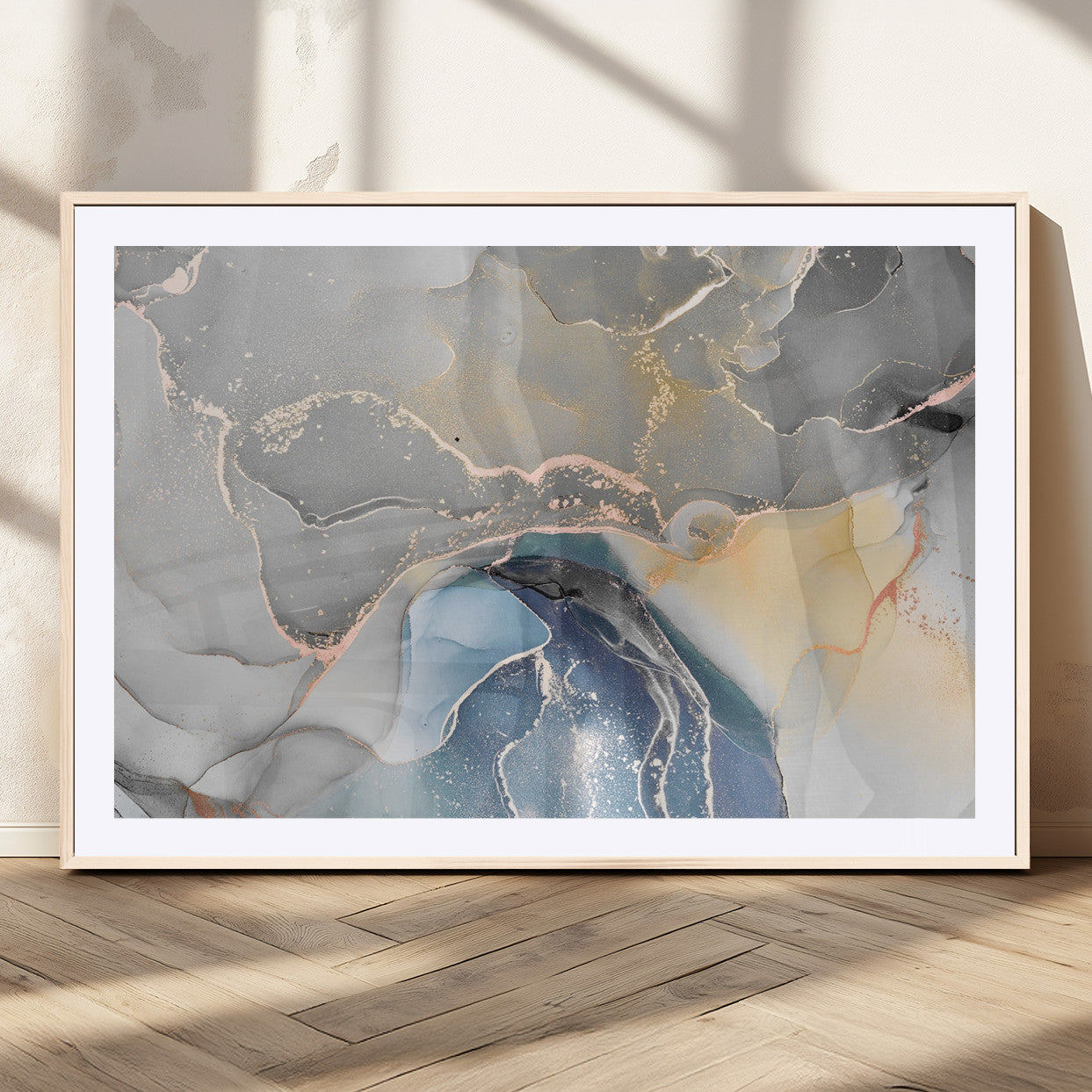 63211-MGC-FP-36x24_Natural-Abstract Fluid Art Wall Decor – Blue, Gray & Gold Canvas Print, Modern Home and Office Wall Art Decor for Living Room, Bedroom or