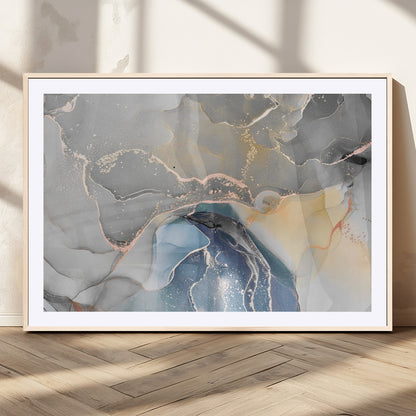 63211-MGC-FP-36x24_Natural-Abstract Fluid Art Wall Decor – Blue, Gray & Gold Canvas Print, Modern Home and Office Wall Art Decor for Living Room, Bedroom or