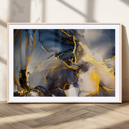 42100-MGC-FP-36x24_Natural-Golden Flow Abstract Wall Art – Panoramic Modern Blue and Gold Canvas Print, Contemporary Artistic Decor for Home, Office