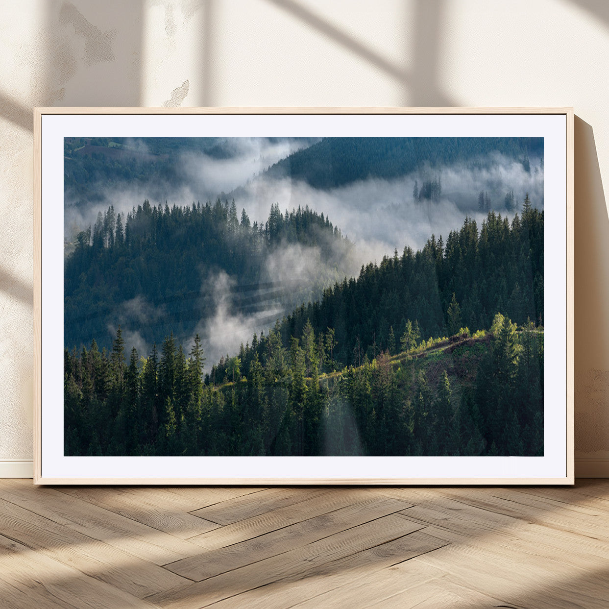 55972-MGC-FP-36x24_Natural-Whispering Pines Wall Art – Panoramic Misty Forest Canvas Print, Serene Nature Decor for Home, Office or Cabin Retreat