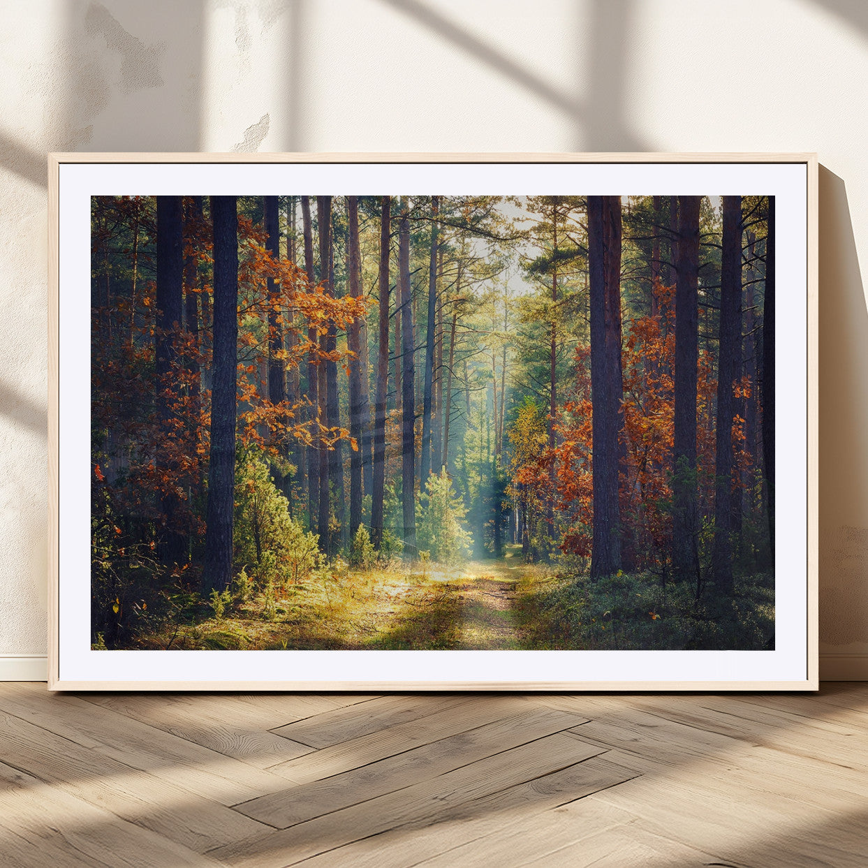 86249-MGC-FP-36x24_Natural-Sunlit Autumn Forest Path Wall Art – Peaceful Nature Scene with Fall Foliage, Calming Woods Decor for Home or Office