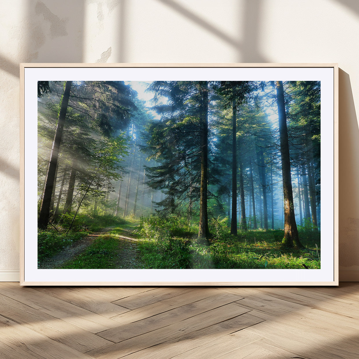 24634-MGV-CV-36X24-Mystic Forest Path Wall Art – Panoramic Morning Light Forest Canvas Print, Tranquil Nature Decor for Office, Living Room or