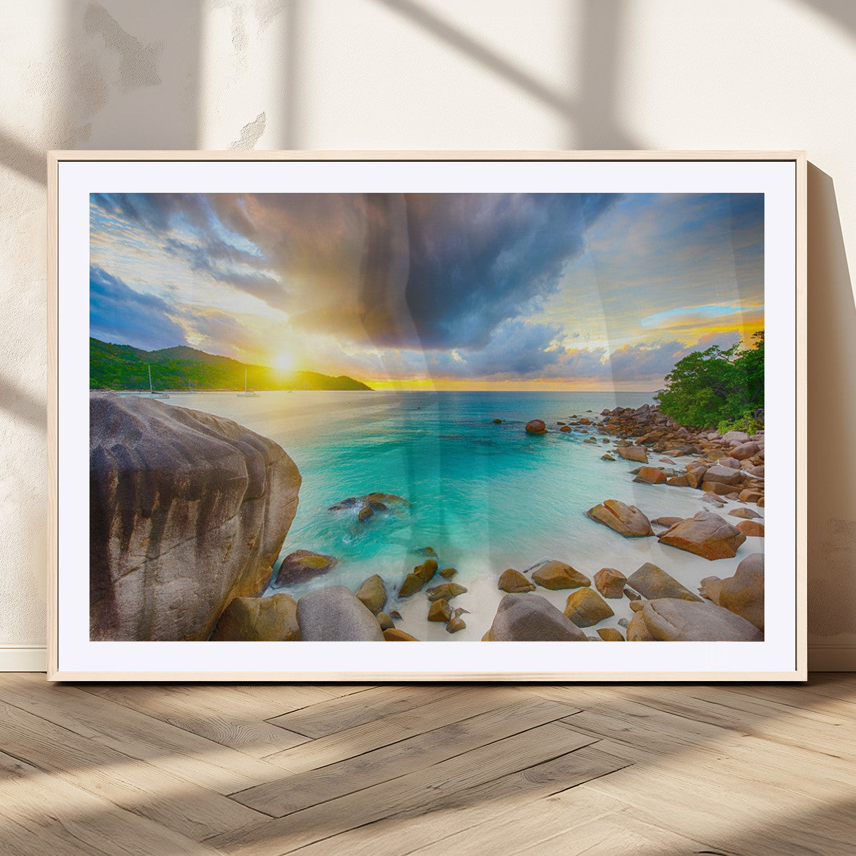 23769-MGV-CV-36X24-Tropical Beach Sunset Wall Art – Ocean Waves and Rocky Shore Canvas Print, Coastal Seascape Photography Decor