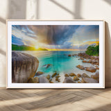 23769-MGV-CV-36X24-Tropical Beach Sunset Wall Art – Ocean Waves and Rocky Shore Canvas Print, Coastal Seascape Photography Decor