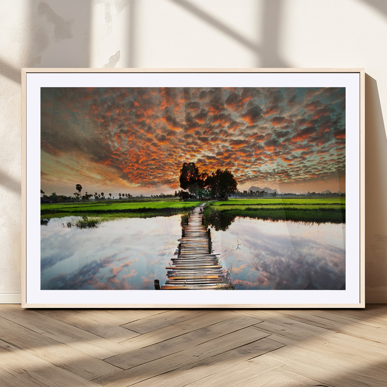 29105-MGC-FP-36x24_Natural-Rustic Wooden Bridge Wall Art – Scenic Sunset Over Rice Fields and Reflective Water Canvas Print, Nature Landscape Decor for