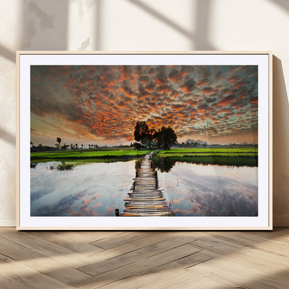 29105-MGV-CV-36X24-Rustic Wooden Bridge Wall Art – Scenic Sunset Over Rice Fields and Reflective Water Canvas Print, Nature Landscape Decor for