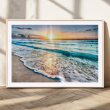 27815-MGC-FP-36x24_Natural-Ocean Sunrise Beach Wall Art – Serene Coastal Canvas Print with Waves and Golden Morning Light, Relaxing Seascape Decor for