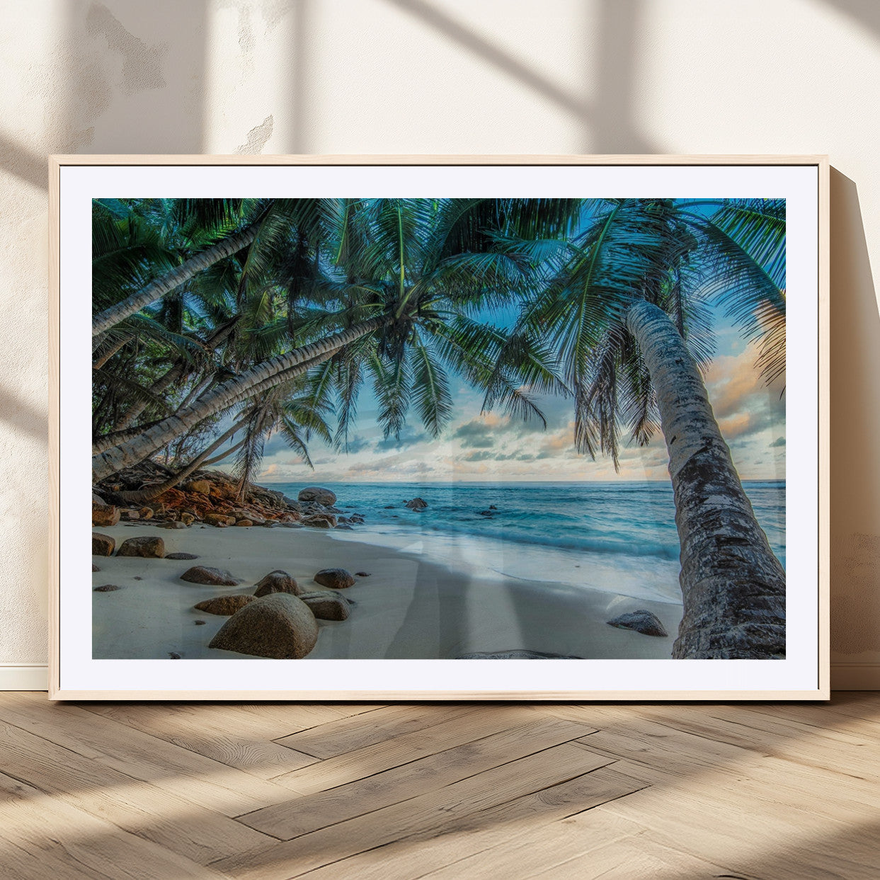 39679-MGV-CV-36X24-Tropical Palm Beach Wall Art – Serene Ocean Canvas Print with Palm Trees and Rocks, Coastal Paradise Decor for Living Room or