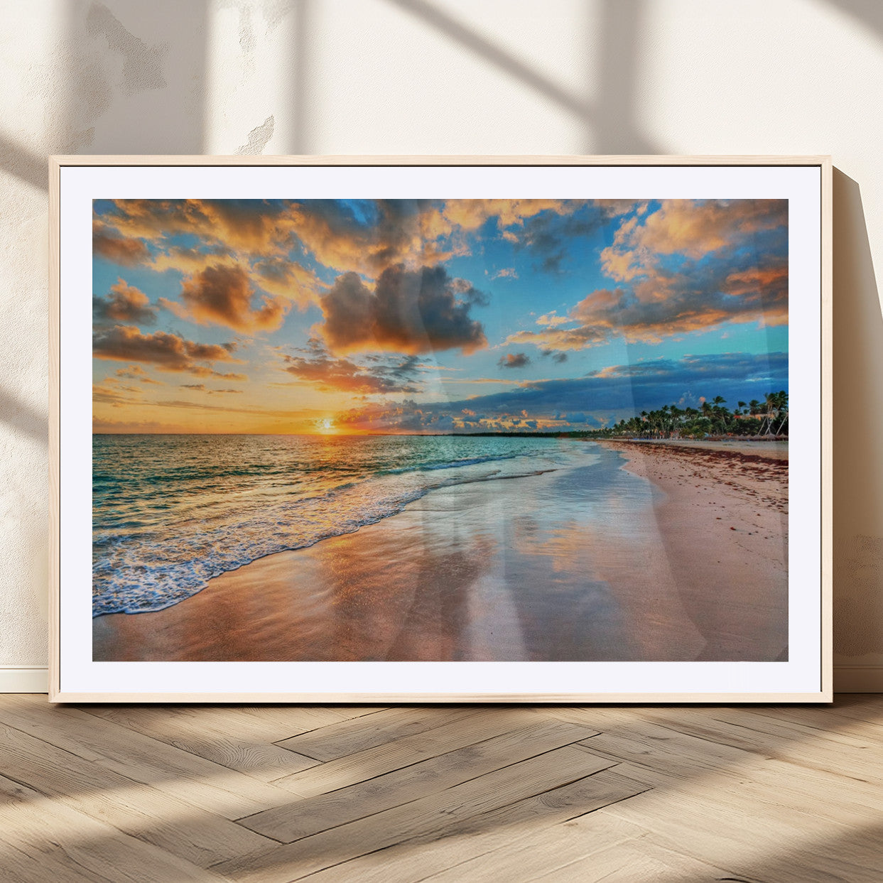 41572-MGC-FP-36x24_Natural-Sunset Beach Wall Art – Ocean Waves and Palm Trees Canvas Print, Tropical Coastal Sunset Seascape Decor for Living Room, Bedroom