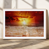 60211-MGC-FP-36x24_Natural-Fiery Sunset Ocean Waves Canvas Print – Vibrant Red & Orange Coastal Wall Art, Dramatic Seascape Decor