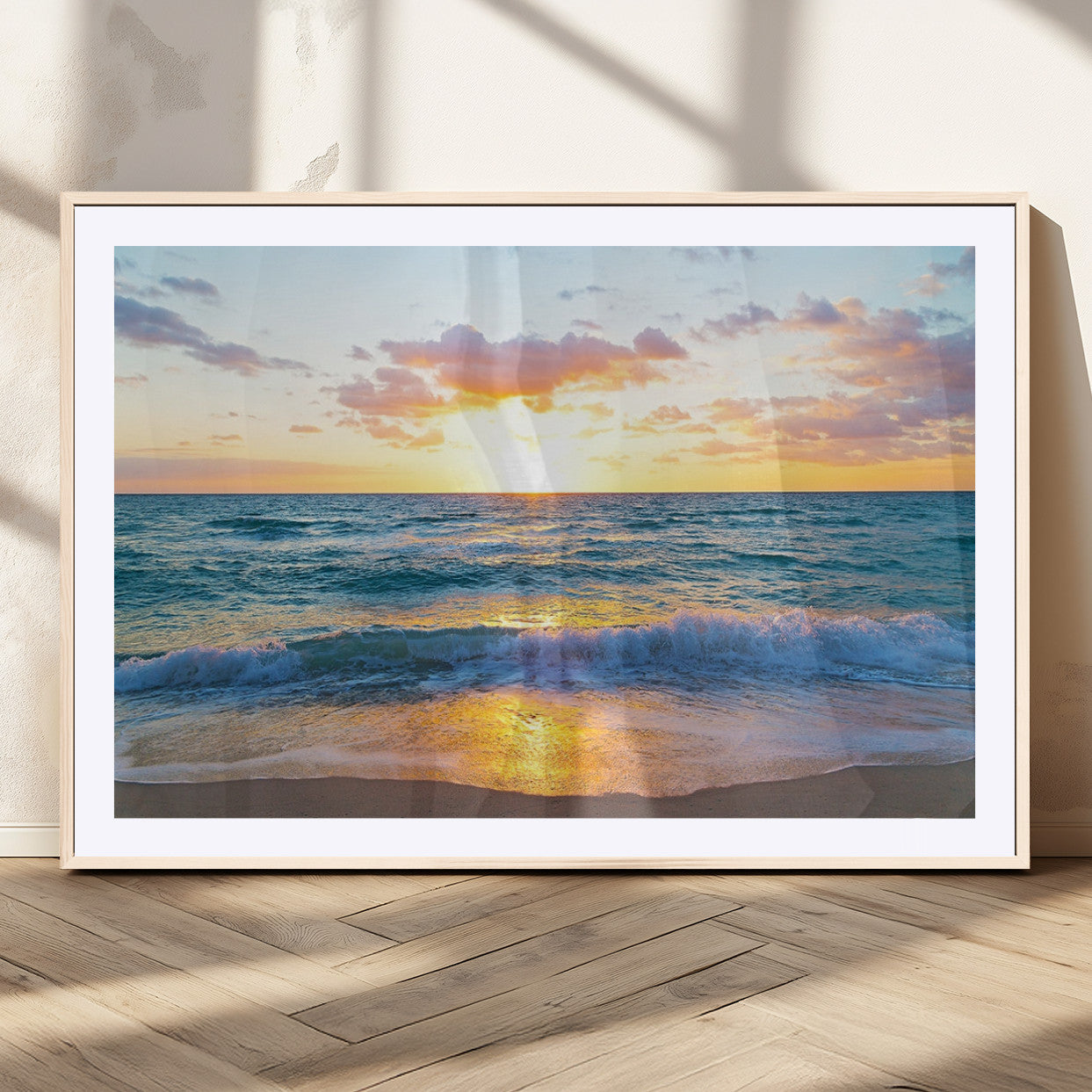 78006-MGV-CV-36X24-Golden Sunrise Ocean Wall Art – Panoramic Beach Waves Canvas Print, Coastal Seascape Artwork for Living Room, Bedroom, Office, or