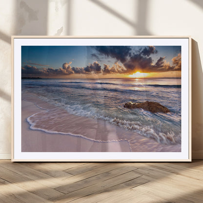 94906-MGV-CV-36X24-Sunrise Beach Wall Art – Panoramic Ocean Waves Canvas Print, Coastal Sunset Seascape Artwork for Living Room, Bedroom, or Office