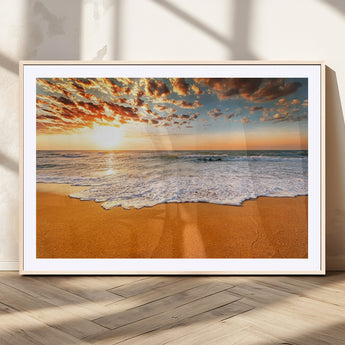15399-MGV-CV-36X24-Golden Sunrise Beach Wall Art – Ocean Waves on Sandy Shore Canvas Print, Coastal Seascape Decor for Living Room or Bedroom
