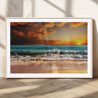 72948-MGV-CV-36X24-Ocean Sunset Wave Wall Art – Dramatic Seascape Canvas Print with Golden Sky and Crashing Waves, Coastal Beach Decor for Living