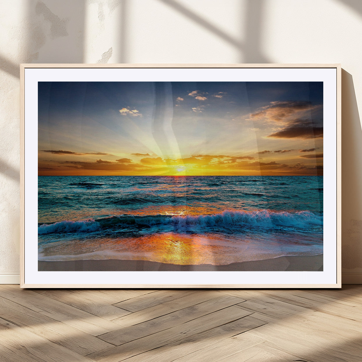 50627-MGV-CV-36X24-Ocean Sunset Wall Art – Serene Beach Canvas Print with Waves and Golden Sky, Coastal Decor for Living Room or Office