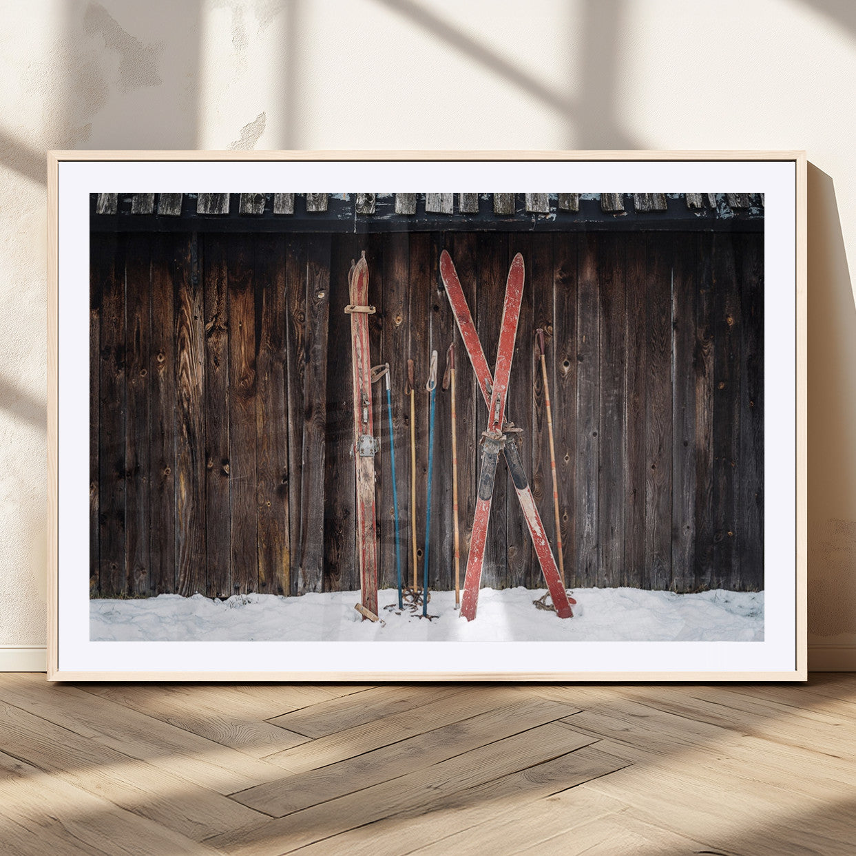 78590-MGV-CV-36X24-Vintage Ski Equipment Wall Art – Rustic Winter Sports Canvas Print, Retro Skiing Decor for Living Room, Office, or Cabin