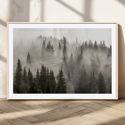 62862-MGV-CV-36X24-Misty Forest Wall Art – Tranquil Pine Tree Canvas Print with Mountain Fog, Nature Landscape Artwork for Living Room, Bedroom, or