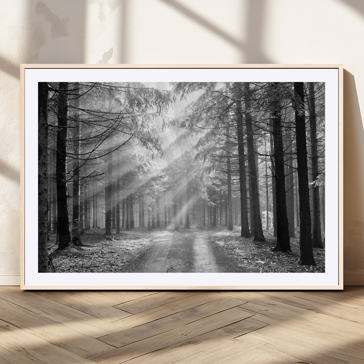 39665-MGC-FP-36x24_Natural-Black and White Forest Path Wall Art – Sunlight Rays in Trees Canvas Print, Nature Landscape Decor for Living Room or Office