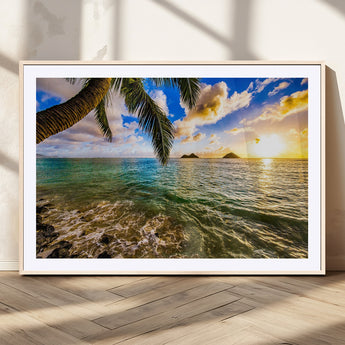 68606-MGC-FP-36x24_Natural-Tropical Palm Tree Ocean Wall Art – Sunset Beach Seascape Print, Coastal Paradise Decor for Living Room or Office