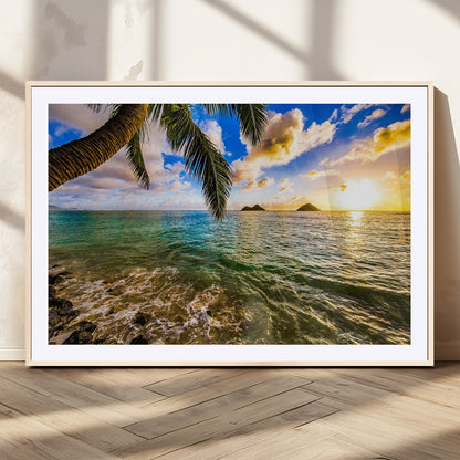 68606-MGC-FP-36x24_Natural-Tropical Palm Tree Ocean Wall Art – Sunset Beach Seascape Print, Coastal Paradise Decor for Living Room or Office