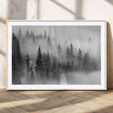 57235-MGC-FP-36x24_Natural-Misty Pine Forest Wall Art – Black and White Mountain Landscape Canvas Print, Nature Woodland Decor for Living Room, Bedroom or