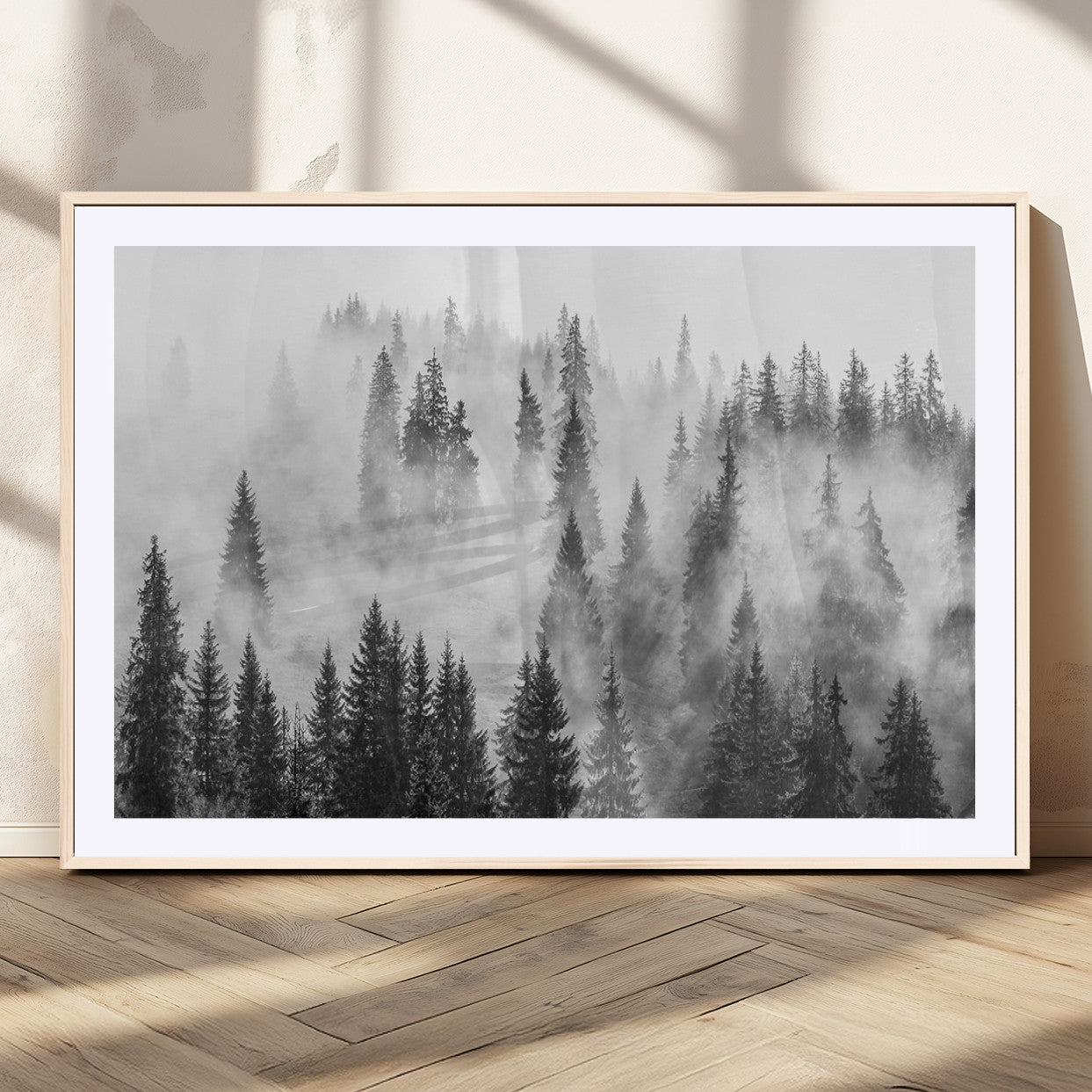 10422-MGV-CV-36X24-Misty Pine Forest Wall Art – Black and White Foggy Landscape Canvas Print, Serene Nature Woodland Decor for Bedroom, Office or