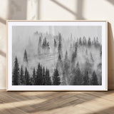 10422-MGC-FP-36x24_Natural-Misty Pine Forest Wall Art – Black and White Foggy Landscape Canvas Print, Serene Nature Woodland Decor for Bedroom, Office or
