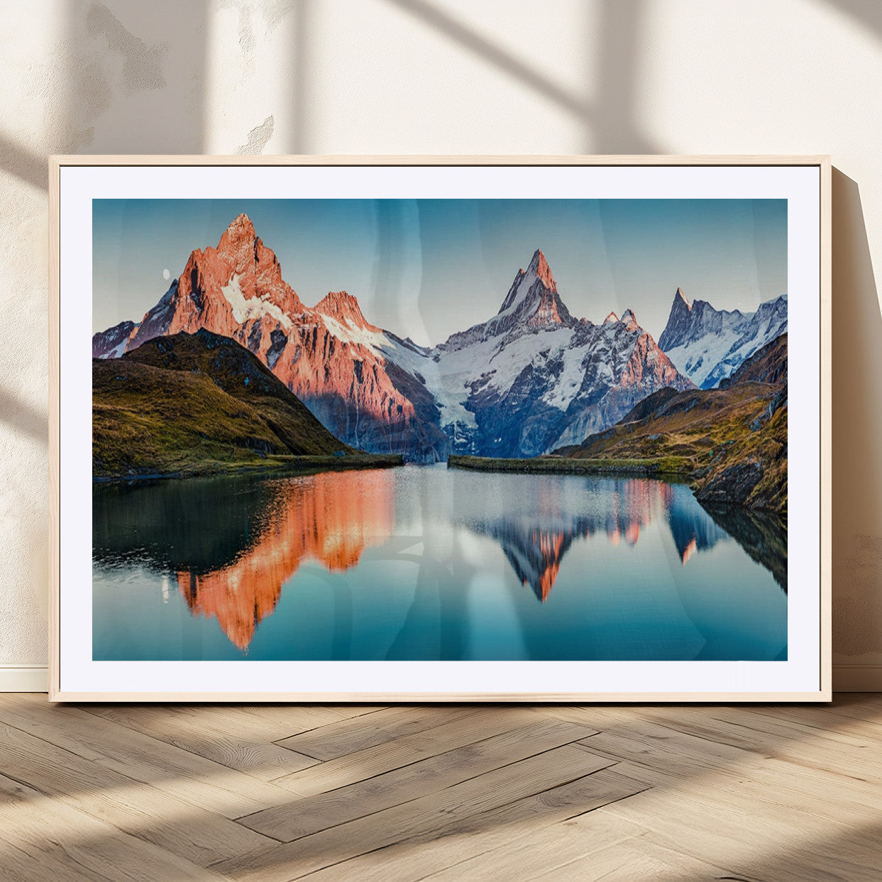 88453-MGC-FP-36x24_Natural-Mountain Lake Wall Art – Snow-Capped Peaks Reflected in Alpine Water Canvas Print, Nature Landscape Wall Decor for Living Room or