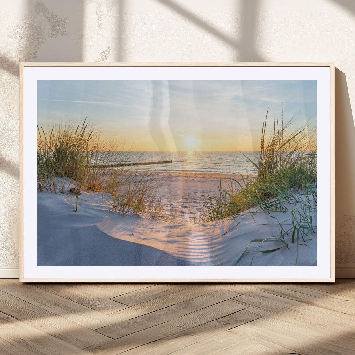 48907-MGV-CV-36X24-Beach Sunset Wall Art – Coastal Sand Dunes and Ocean View Canvas Print, Serene Seaside Landscape Painting for Living Room, Bedroom
