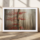 61855-MGC-FP-36x24_Natural-Misty Forest Wall Art – Red Tree with Autumn Leaves Canvas Print, Moody Woodland Nature Decor for Living Room, Bedroom, or Office