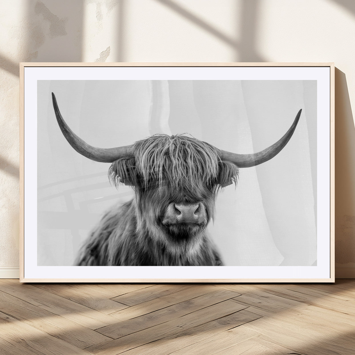10123-MGV-CV-36X24-Black and White Highland Cow Wall Art – Modern Farmhouse Animal Print, Rustic Scottish Bull Canvas Decor for Living Room, Bedroom,