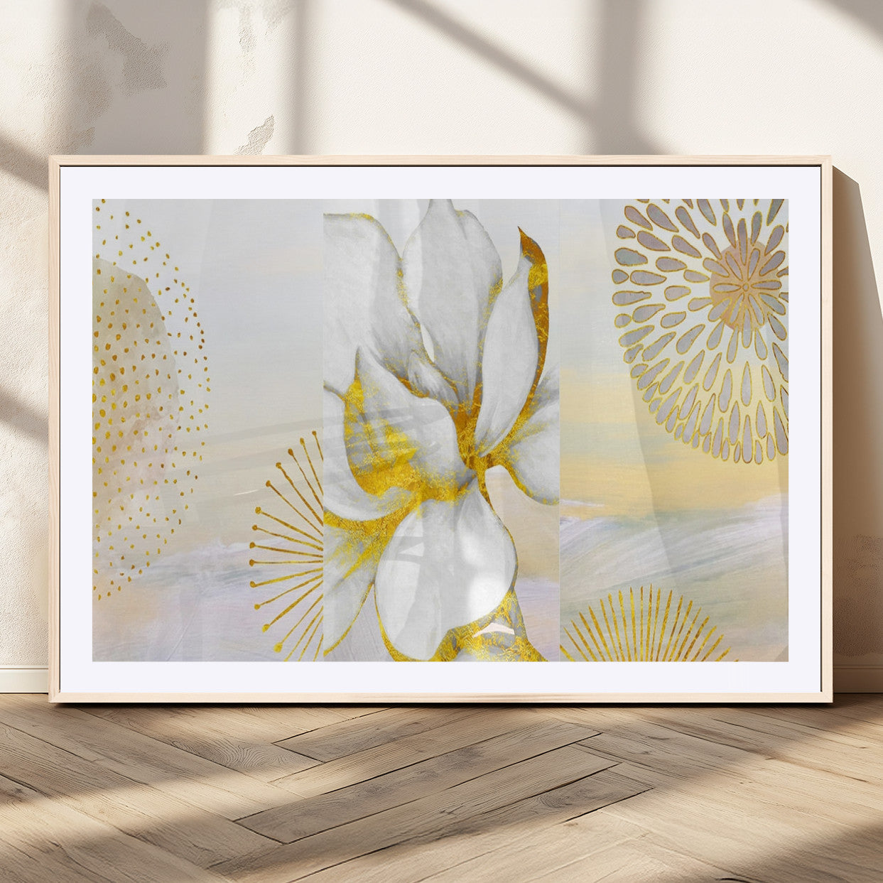 82301-MGV-CV-36X24-Modern Floral Wall Art – White Flower with Gold Detailing Canvas Print, Elegant Abstract Artwork for Living Room, Bedroom, or