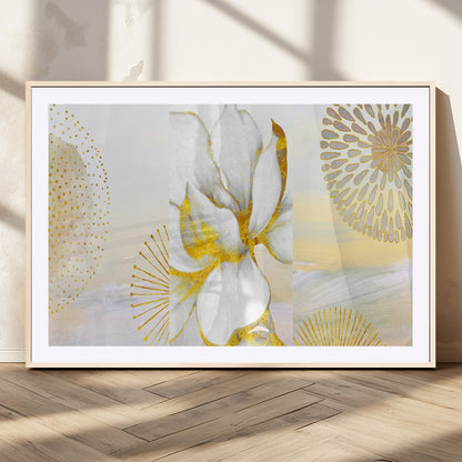 82301-MGV-CV-36X24-Modern Floral Wall Art – White Flower with Gold Detailing Canvas Print, Elegant Abstract Artwork for Living Room, Bedroom, or