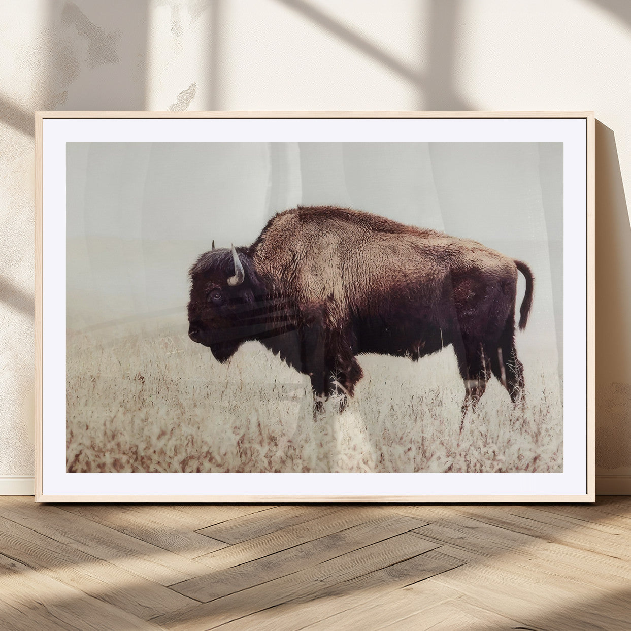 48406-MGC-FP-36x24_Natural-American Bison Wall Art – Rustic Buffalo Canvas Print in Prairie Field, Western Wildlife Photography Decor for Cabin, Lodge,